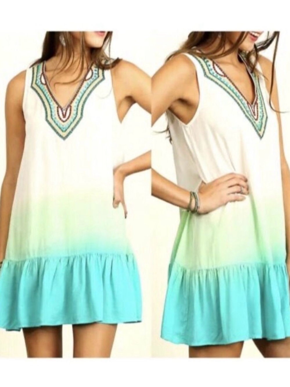 Umgee Women's L Boho Ombre Ruffle Hem Sleeveless Dress Multicolor